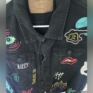 Black Denim Jacket with Colored Retro Patches